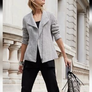 Eileen Fisher Zipper Moto Jacket. Herringbone, Grey. Long Sleeves. Cotton. M.